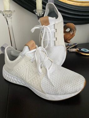 New Balance White Knit Sneakers with Tan Leather Tongue